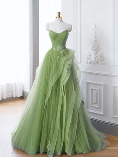 A-Line Tulle Lace Green Long Prom Dress, Green lace Long Formal Dress Green Long Prom Dress, Prom Dress Lace, Graduation Party Dresses, Green Prom, Tulle Sleeves, Prom Inspo