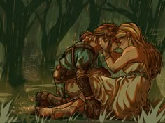 two people sitting on the ground in front of trees and grass, one is kissing the other's head