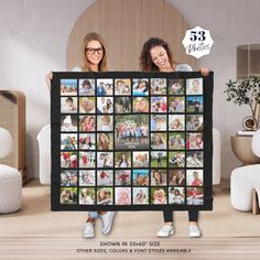 two women holding up a black blanket that has photos on it and the words, 53 pictures