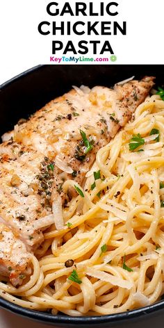 chicken parmesan pasta in a skillet with the title text garlic chicken pasta