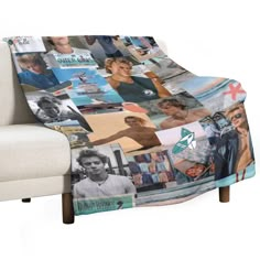 a chair with a blanket on top of it and pictures all over the back of it