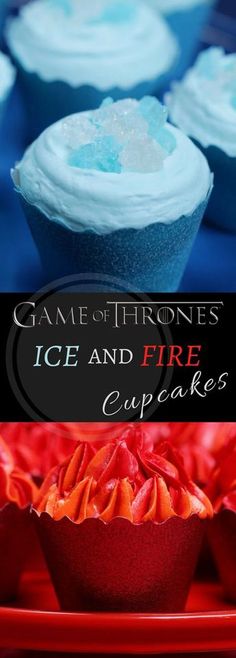 game of thrones ice and fire cupcakes on a red plate with blue frosting