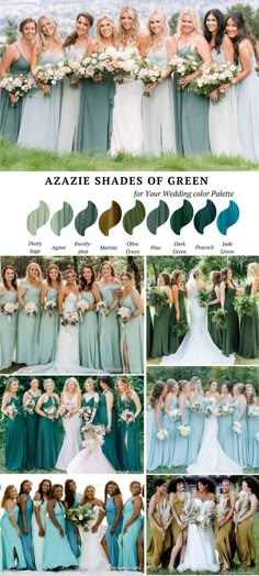 the bride and her bridal party in shades of green