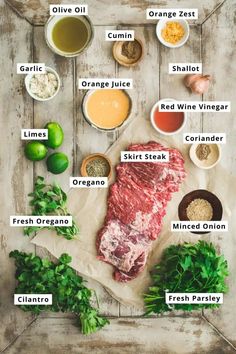 an image of raw meat with ingredients labeled in the top right corner on a wooden table