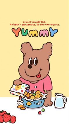 a cartoon bear holding a bowl of food with the words yummy written on it