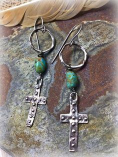 "Rustic rugged cross earrings with genuine turquoise and hoops in sterling silver. Approximately 2.5\" long." Rugged Cross, Christmas Gift Jewelry, Cross Earrings, Gifts For My Sister, Genuine Turquoise, Gift Jewelry, Jewelry Earrings Hoops, Jewelry Ideas, Diy Jewelry