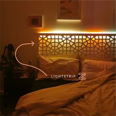 an image of a bedroom setting with the light strip pointing to the bed headboard