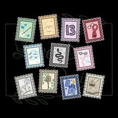 postage stamps with numbers and symbols on them