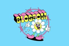 a cartoon flower with the word blossom on it's face and arms in front of a blue background