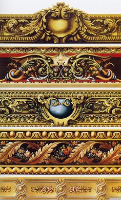 an ornately decorated gold and red wallpaper with decorative designs on it's sides