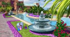 an animated image of a water fountain in the middle of a garden with purple flowers