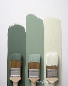 three paintbrushes in different shades of green, white and brown on a wall