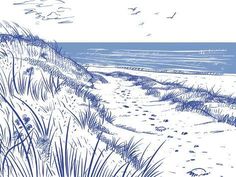 a blue and white drawing of the beach