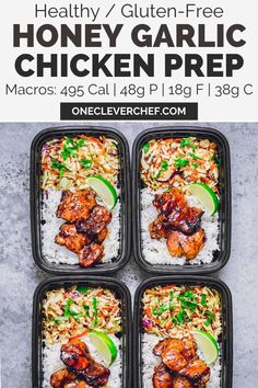 four meals in plastic containers with the text healthy / gluten - free honey garlic chicken prep