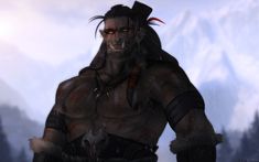 an animated image of a man with horns and fangs on his face, standing in front of snow covered mountains