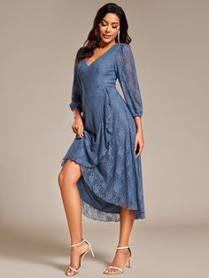 Elegant Lace A-Line Long Sleeves Midi Wedding Guest Dress #color_Dusty Navy Wedding Guest Dress Navy, Elegant Dresses Cocktail, Bride Pant Suit, Plus Size Wedding Guest Dress, Midi Wedding Guest Dress, Lace Wedding Guest Dress, Plus Size Sequin Dresses, Plus Size Wedding Guest, Wedding Dresses High Low