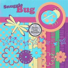 a bunch of papers with flowers and bugs on them, including one for the word snuggle bug