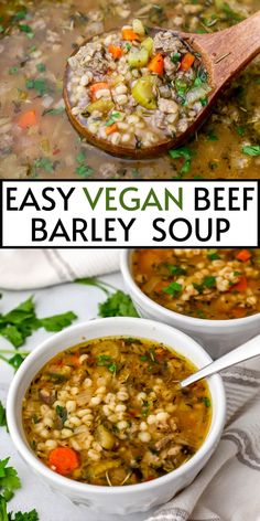 easy vegan beef barley soup with carrots and parsley