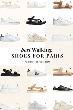 Best Walking Shoes For Paris: What Shoes To Wear In Europe? Adidas Stan Smith Sneakers, M.Gemi Sneakers, Veja Sneakers, Cole Haan Sneakers , New Balance Sneakers, Teva Sandals, Steve Madden, Nisolo Sandals.  Comfortable Stylish sandals for Paris Europe that are chic & timeless. Comfortable sneakers for Paris, comfortable sneakers for Europe, comfortable walking sandals for Europe. Best walking sandals for travel.  Best sandals for travel, best sneakers for travel. #bestwalkingshoesforparis European Tennis Shoes, Sneakers For Summer 2023, Europe Sandals Outfit, Off White Sandals Outfit, Italy Sneaker Outfits, White Shoes Outfit Summer, Europe Shoes Summer, Traveling Shoes Women, Europe Summer Sandals