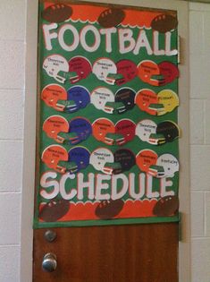 a bulletin board with football helmets on it and words written in large letters that spell out the word, football schedule