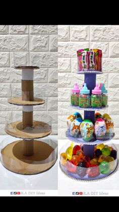 three tiered cake stand with candy and candies on each shelf, one is made out of cardboard