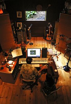 an overhead view of a music studio with musical instruments