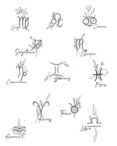 the twelve zodiac signs are drawn in black ink on a white paper, and each letter has