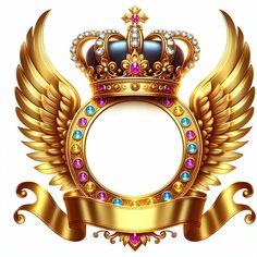 a golden crown with jewels and wings around it