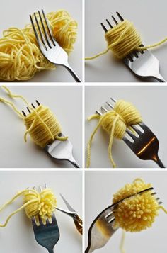 four different pictures of forks and pasta being used as utensils to make spaghetti