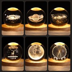 four different views of the moon in glass globes