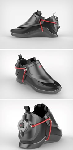 Carota Design’s Nike self-lacing sneaker concepts literally look like they’re from the future. Designed to highlight the futuristic aspect of shoes that secure themselves, the conceptual sneakers come with a red lace that stands well against the black sneakers. The laces travel from the outsole to the front, and then to the heel, where they connect to a motor that’s triggered by a button. Tap against the button and the motor tightens the laces up, securing the shoe in place. Future Shoes Concept, Shoes Concept Design, Aesthetic Footwear, Sneaker Concept, Futuristic Sneakers, Future Sneakers, New Balance Shoes Men, Indian Footwear, Best Sandals For Men