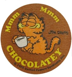 a brown coaster with an image of a cat holding a coffee cup and the words mmmm chocolatey on it