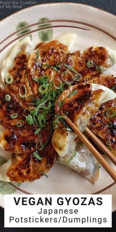 vegan gyozas on a plate with chopsticks