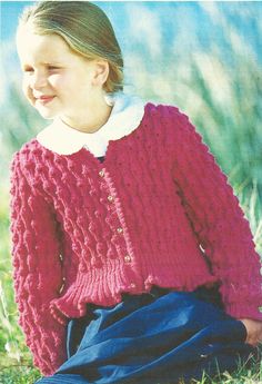 Girls Peplum Jacket Puff Stitch Cardigan Frill Bottom PDF Knitting Pattern DK 8ply 22 - 32" Toddler Age 1 - 12 yrs Vintage Downloadable by Purl4fun on Etsy