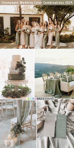 the wedding party is posing for pictures with their green and white color palettes in this collage