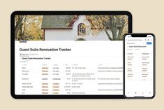 a tablet and phone showing the guest suite renovation tracker on their desktop screen next to each other