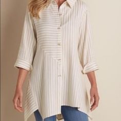 New With Tag No Stains No Rips No Flaws Size S Tan White Striped Buttons Front Smoke And Pet Free Home Armpit To Armpit Laying Flat-19 Length-30 Sleeve Length-19 T6 Casual High-low Hem Blouse For Spring, Casual Workwear Blouse With High-low Hem, Casual High-low Hem Blouse For Work, White Shirt With Asymmetrical Hem For Spring, White Top With Curved Hem For Spring, White Curved Hem Top For Spring, Casual White Shirt With Asymmetrical Hem, Summer Workwear Tops With High-low Hem, Casual Asymmetrical Hem Tops For Daywear