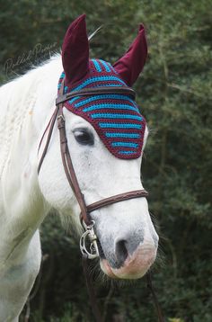 Ready to Ship Burgundy and Bright Blue Stripe Crochet Ear Fly Bonnet Horse Size Custom Crochet, Stunning Outfits, Solid & Striped