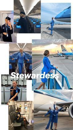 several photos of people in blue uniforms on an air port tarmac with airplanes and jetways