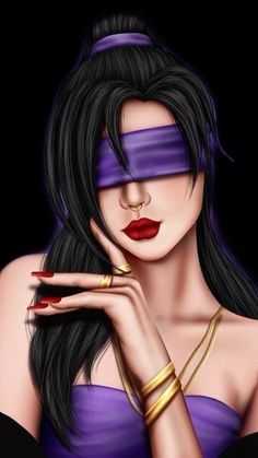 a woman with long black hair and purple makeup is holding her hand up to her face