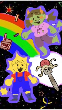 an image of some cartoon characters in the sky with a rainbow and stars behind them