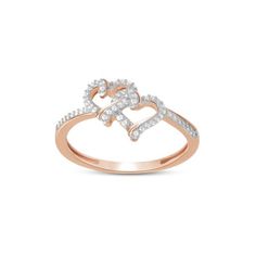 Express your love for her with this beautiful twin heart diamond ring. Crafted in 10k rose gold, the ring showcases a pair of diamond lined open heart frames, interlocked at the center. The sleek shank is adorned with round diamond accent wrapping it in sparkle. Radiant with 0.12 ct.t.w. of round diamonds and finished to bright polished shine, this diamond ring has a meaningful design symbolizing your togetherness. A timeless token of love, this diamond twin heart ring is forever to cherish. Ide Heart Diamond Ring, Meaningful Design, Love For Her, Diamond Heart Ring, Heart Diamond, Heart Frame, Girly Accessories, Open Heart, Beautiful Gift Boxes