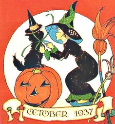 an old fashioned halloween card with two witches and a cat sitting on top of a pumpkin