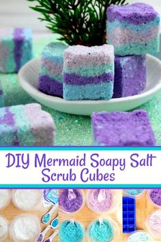 homemade mermaid soapy salt scrub cubes on a plate