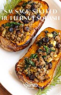 sausage stuffed butternut squash on a white plate