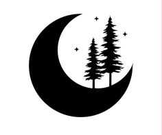 a black and white silhouette of trees on a crescent with stars in the night sky