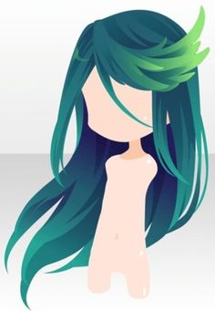 a woman with long green hair and blue eyes