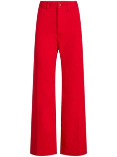 bright red stretch-cotton denim twill weave garment dyed high-waisted belt loops front button and zip fastening flared two front welt pockets two rear patch pockets straight hem Zara Closet, Thrifty Outfits, Pant Design, Gold Jeans, Red Trousers, Red Jeans, Versace Outfit, Twill Weave, Red Pants