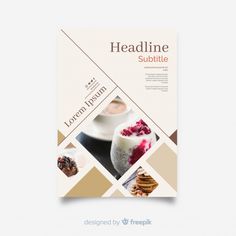 a brochure design for a restaurant with desserts and drinks on it's cover