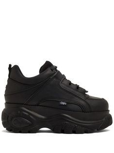 black leather patent finish logo patch at the tongue panelled design pull-tab at the heel front lace-up fastening chunky rubber sole Black Y2k Shoes, Buffalo Sneakers, Buffalo Shoes, Wide Heels, Balenciaga Track, Office Bag, Bag Suitcase, Versace Outfit, Sole Sneakers